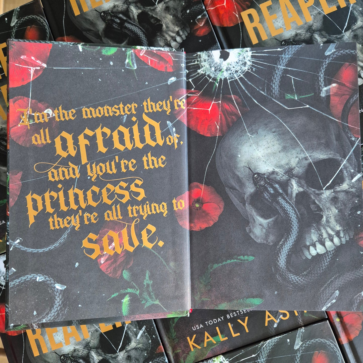 Book with dark cover featuring text and illustrations, surrounded by other books.