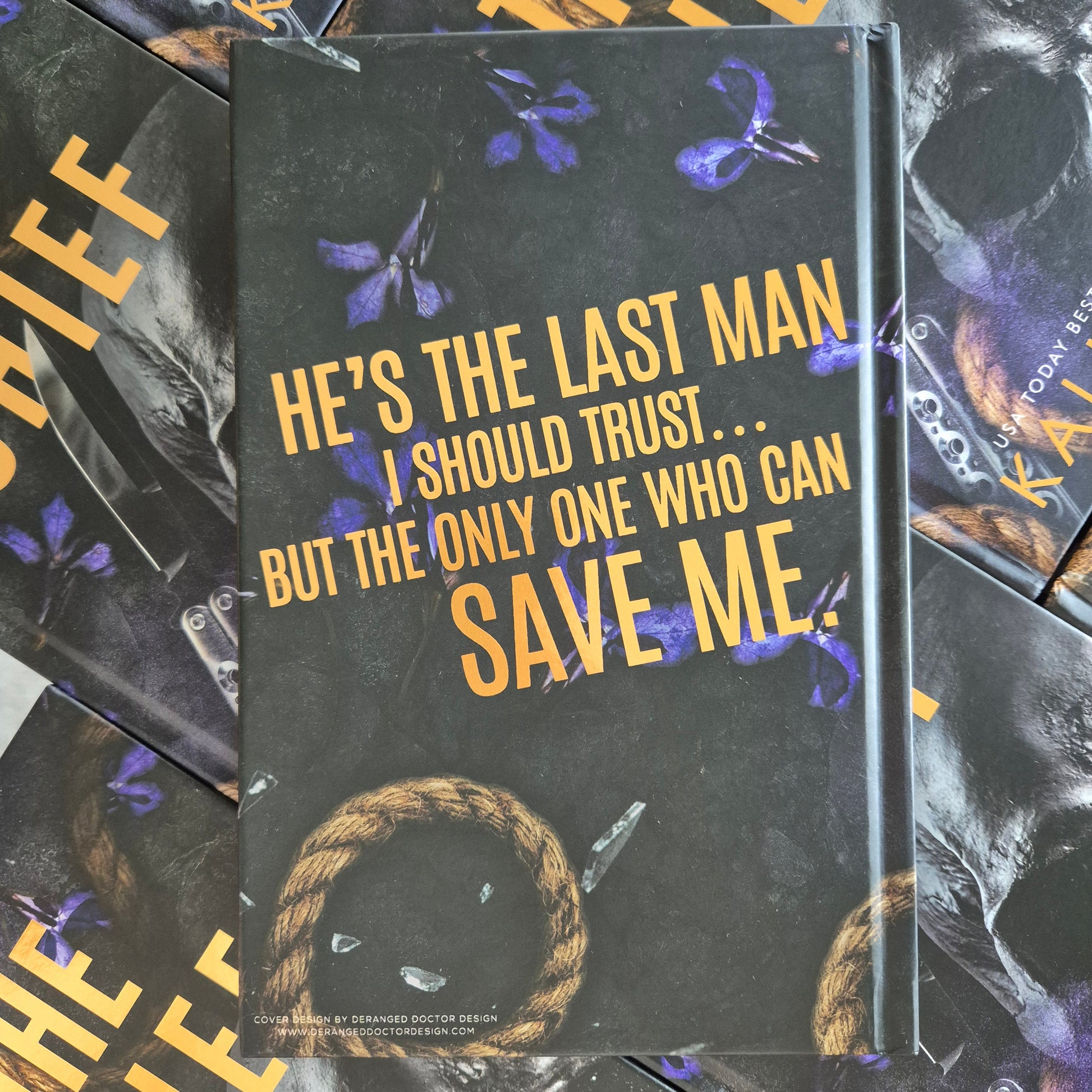 Book cover with text 'He's the last man I should trust... but the only one who can save me.' on a dark background.